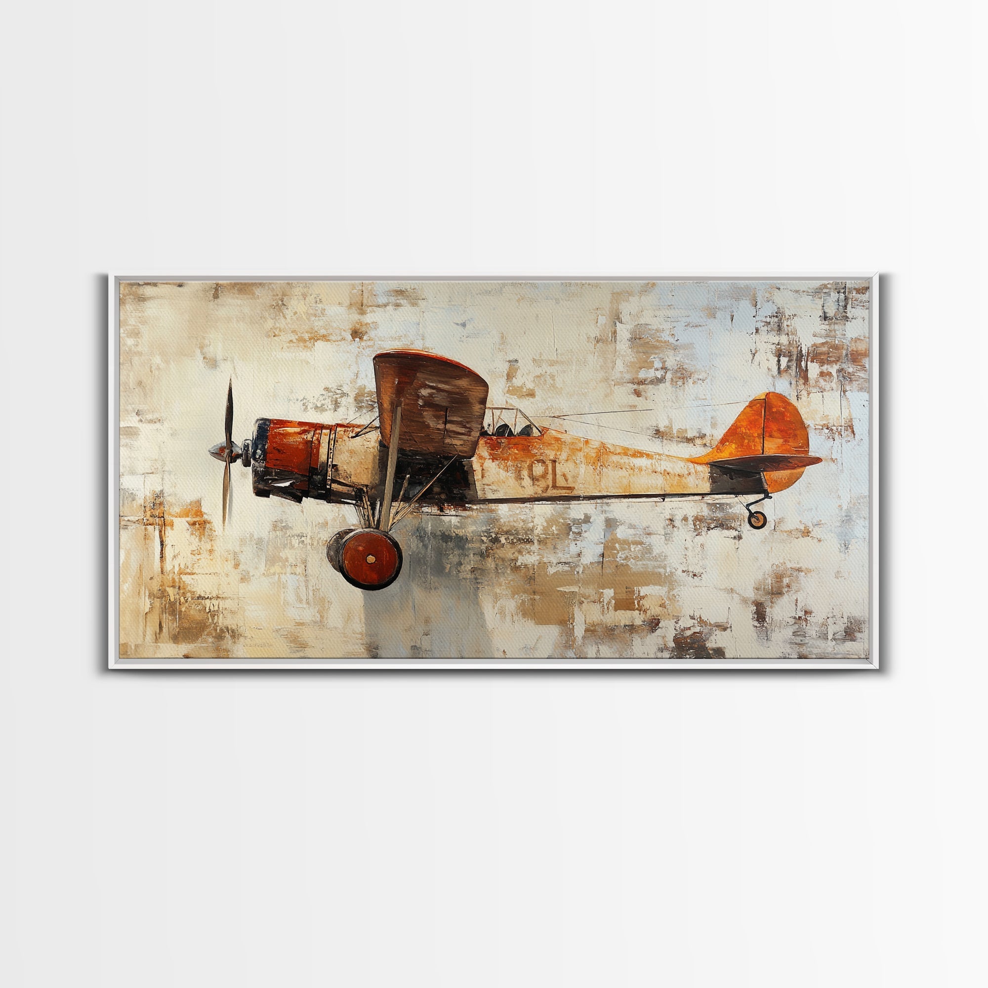 Retro 1920s Airplane In Flight Framed Canvas Print, Airplane Painting, Biplane Painting, Office Decor, Office Wall Art