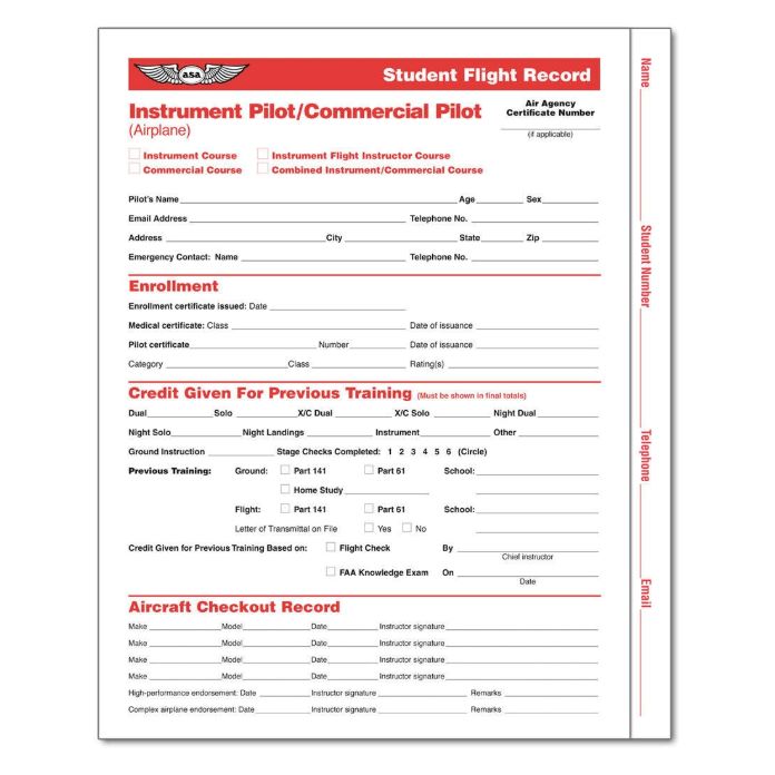 Student Flight Record - Instrument / Commercial – ASA-SFR-IC6