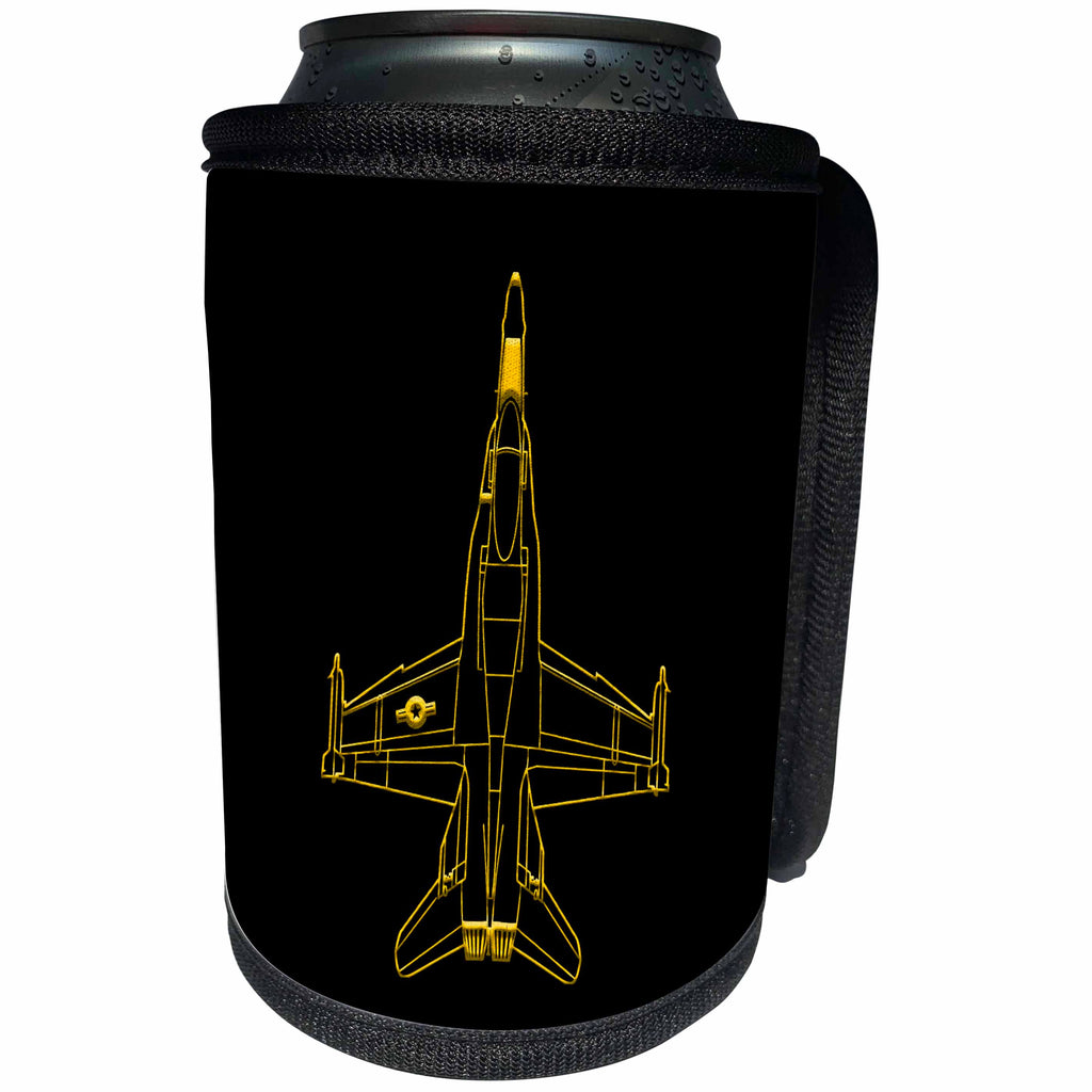 3dRose Alexis Design - Aviation - Line image of F-18 fighter plane. Air force might. Yellow on black - Can Cooler Bottle Wrap (cc_323642)