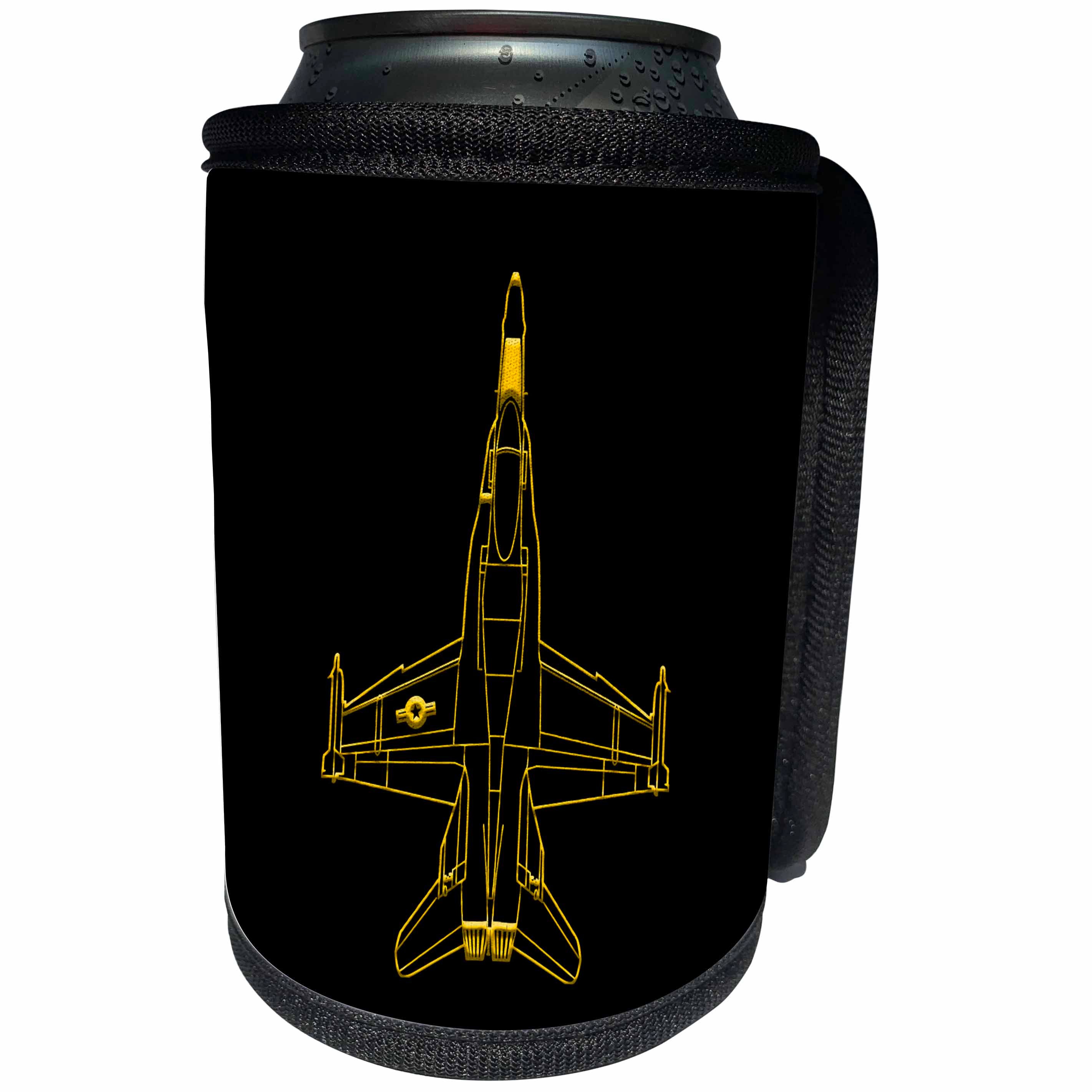 3dRose Alexis Design - Aviation - Line image of F-18 fighter plane. Air force might. Yellow on black - Can Cooler Bottle Wrap (cc_323642)
