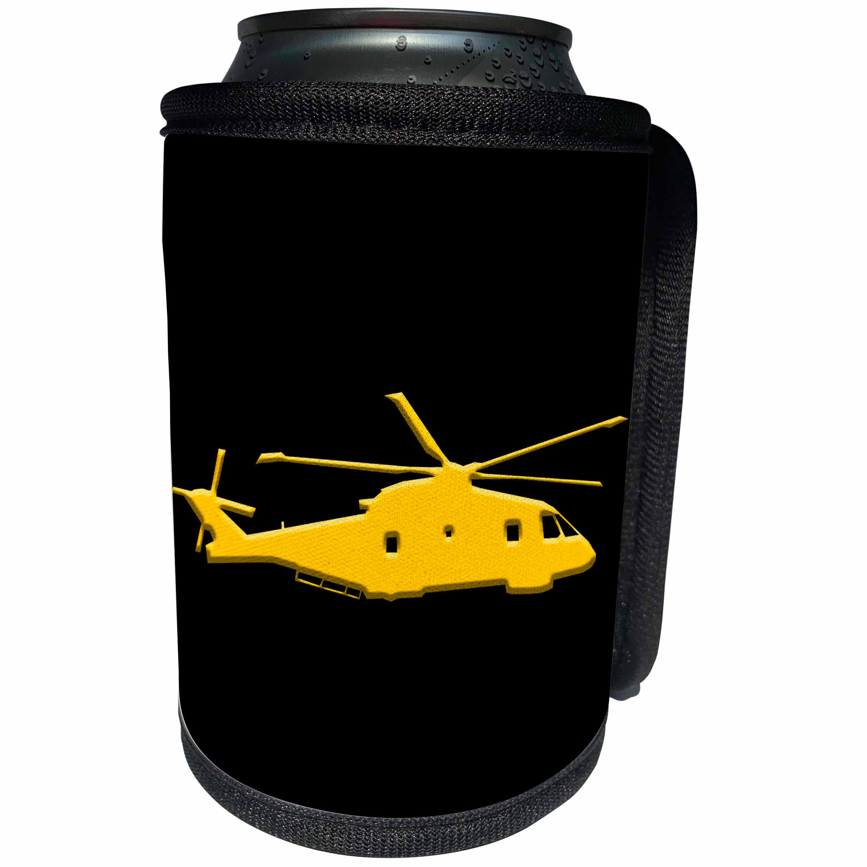 3dRose Alexis Design - Aviation - Silhouette image of a transport, cargo helicopter. Yellow on black - Can Cooler Bottle Wrap (cc_323645)