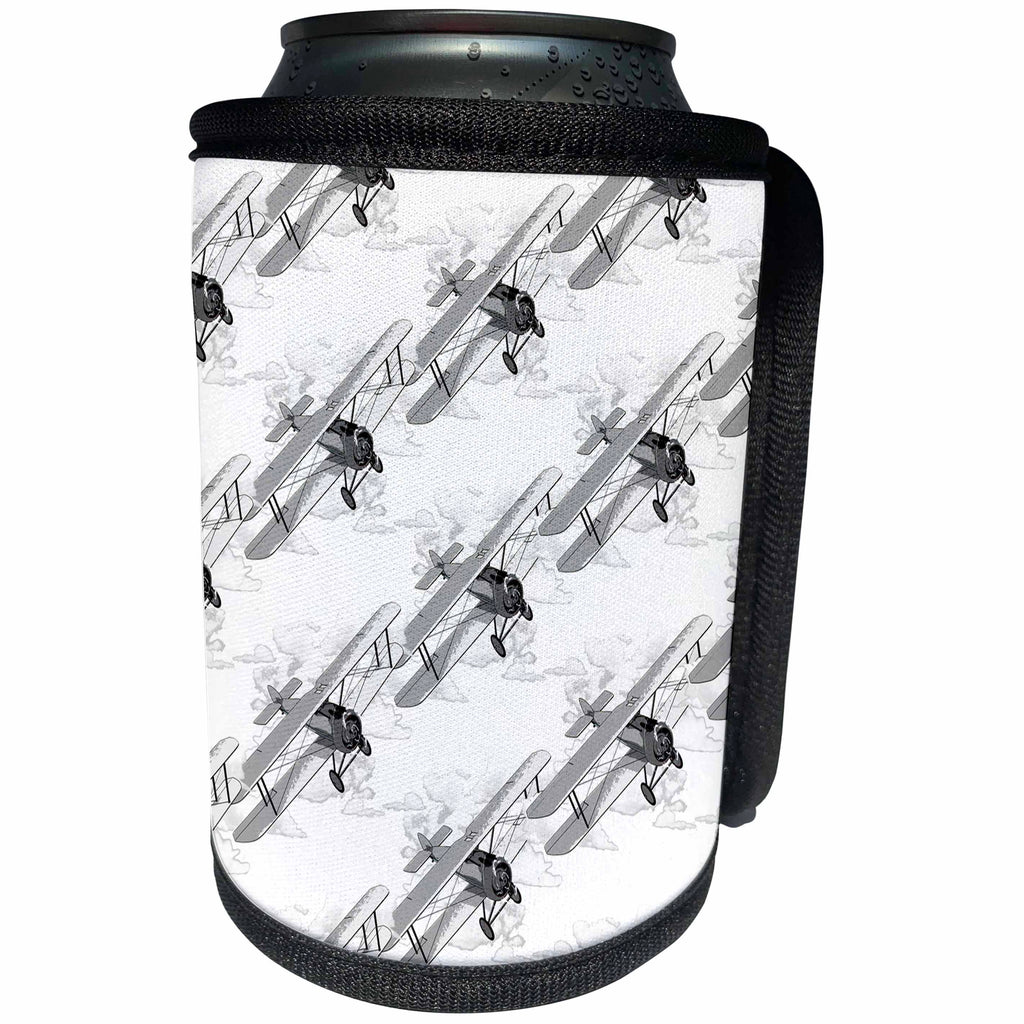 3dRose A black and white biplane aviation pattern for aviators. - Can Cooler Bottle Wrap (cc_351834)