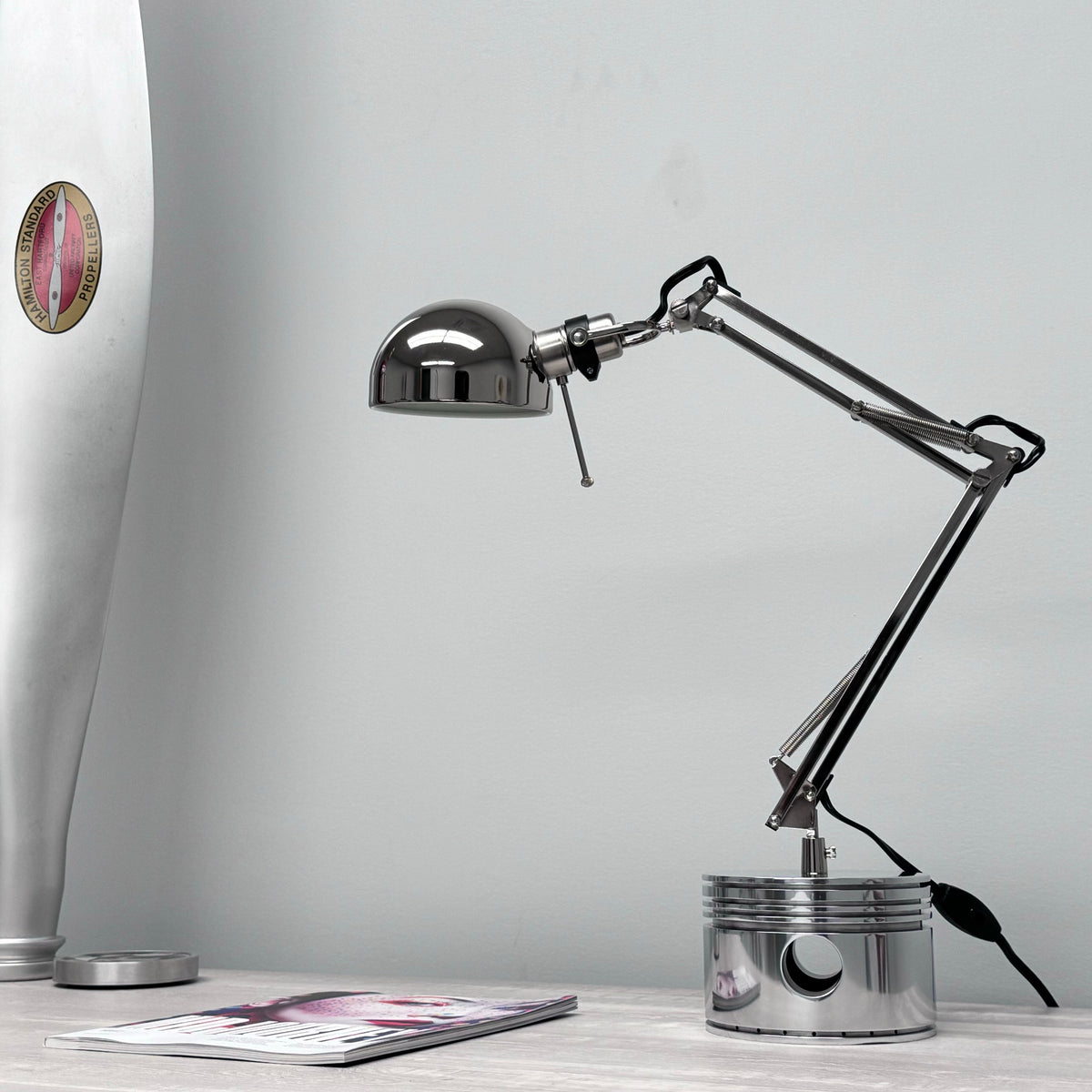 1940's Pratt & Whitney WWII R-2800 Corsair F4U Airplane Polished Chrome Radial Engine Piston Desk Task Lamp