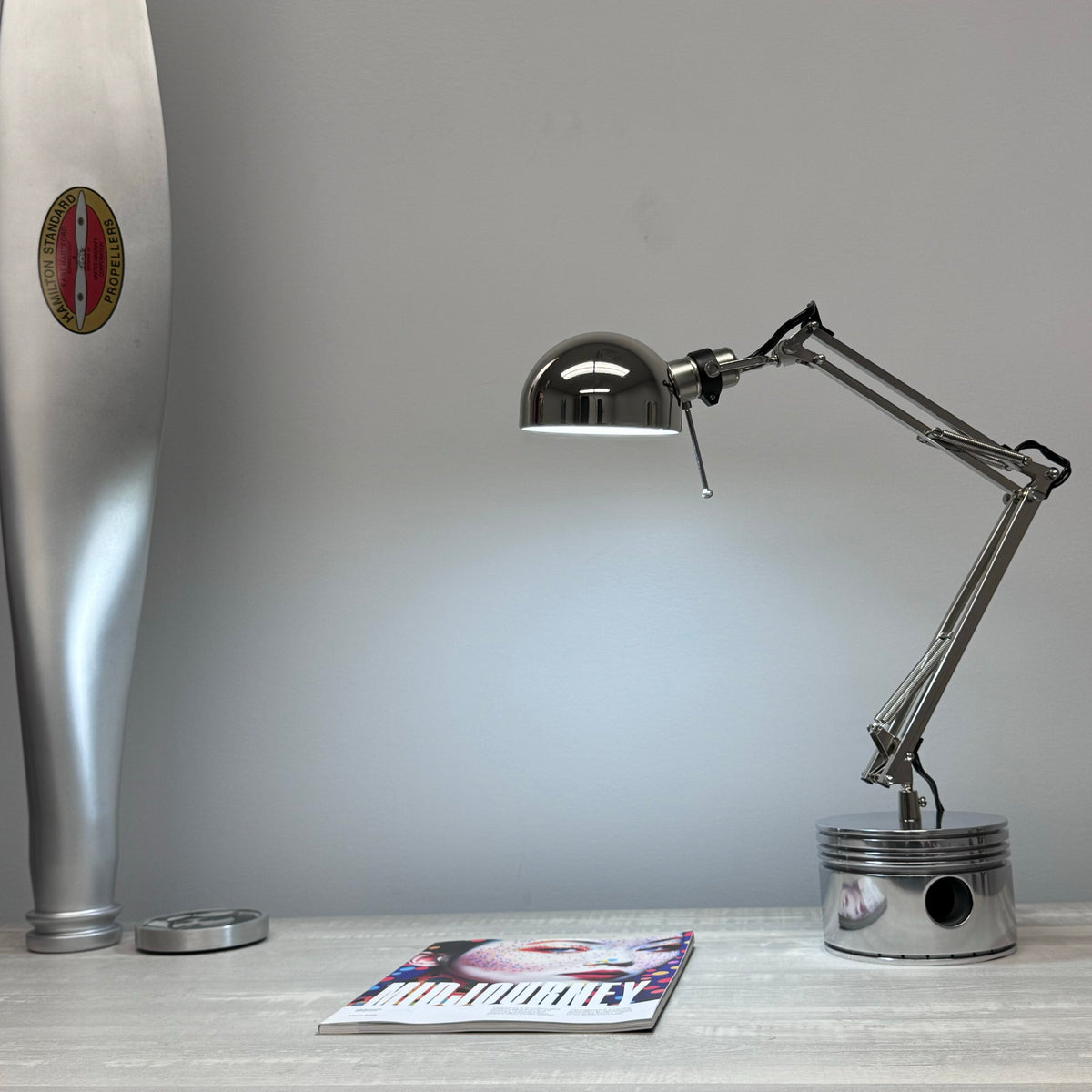 1940's Pratt & Whitney WWII R-2800 Corsair F4U Airplane Polished Chrome Radial Engine Piston Desk Task Lamp