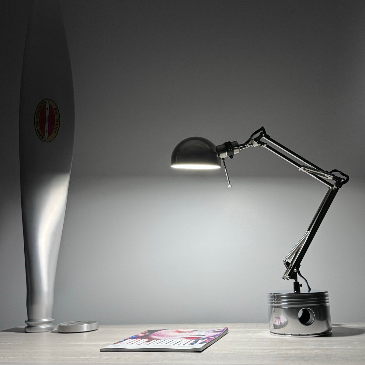 1940's Pratt & Whitney WWII R-2800 Corsair F4U Airplane Polished Chrome Radial Engine Piston Desk Task Lamp