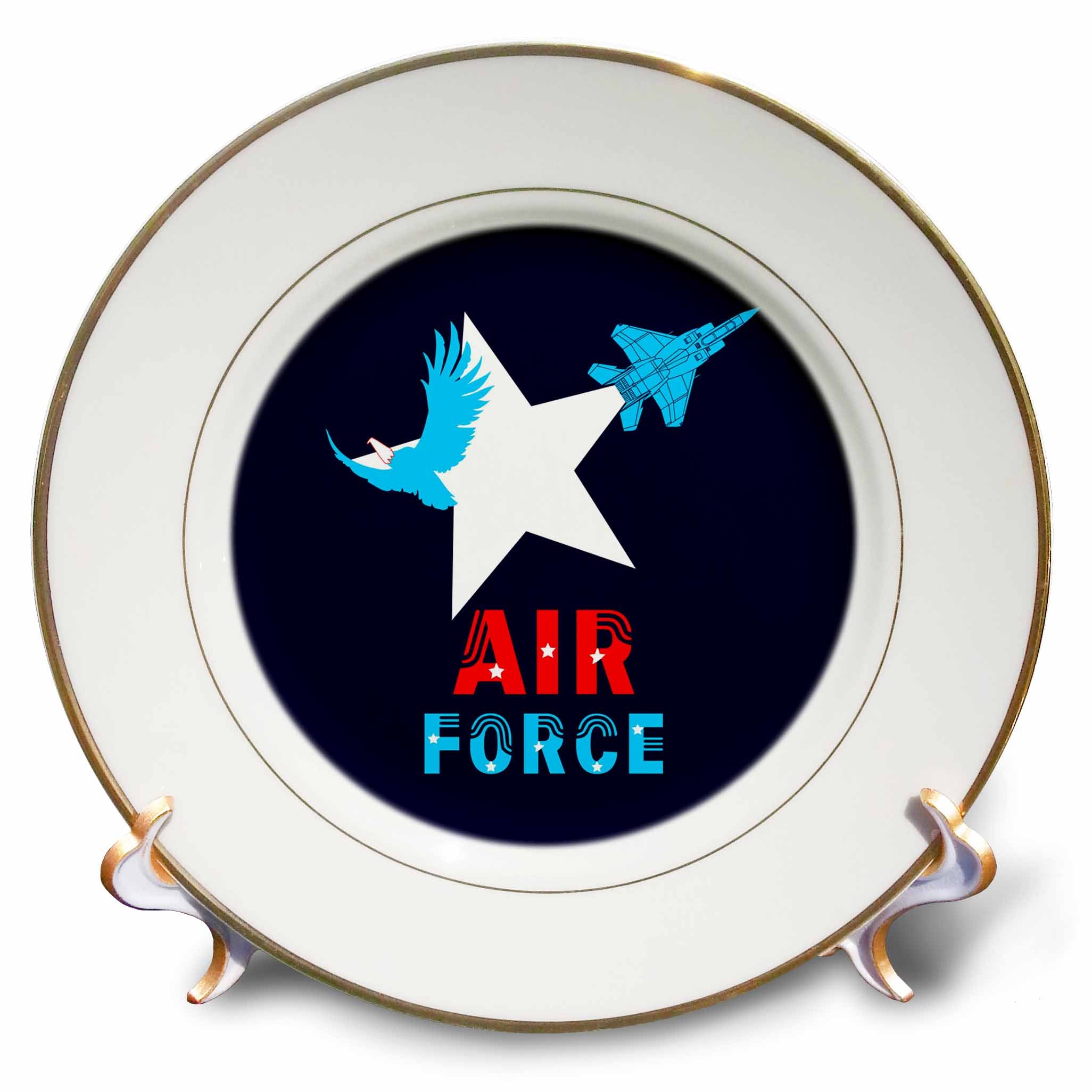 3dRose Alexis Design - Aviation - White star, bold eagle, military aircraft, text Air Force on blue - Plates