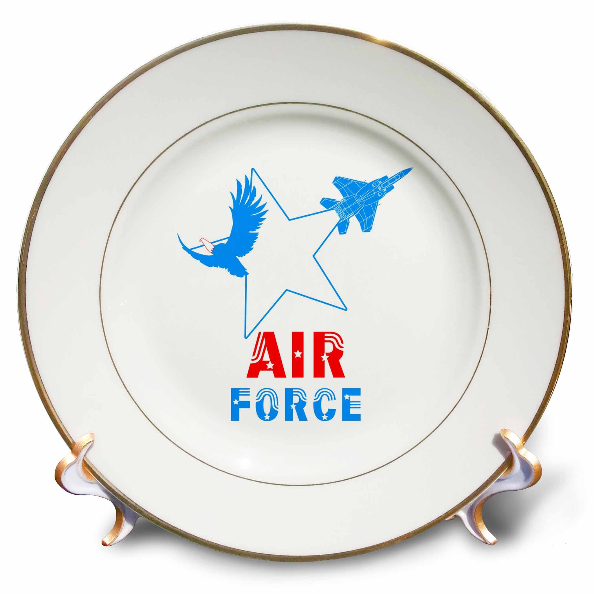 3dRose Alexis Design - Aviation - White star, bold eagle, military aircraft, text Air Force on white - Plates