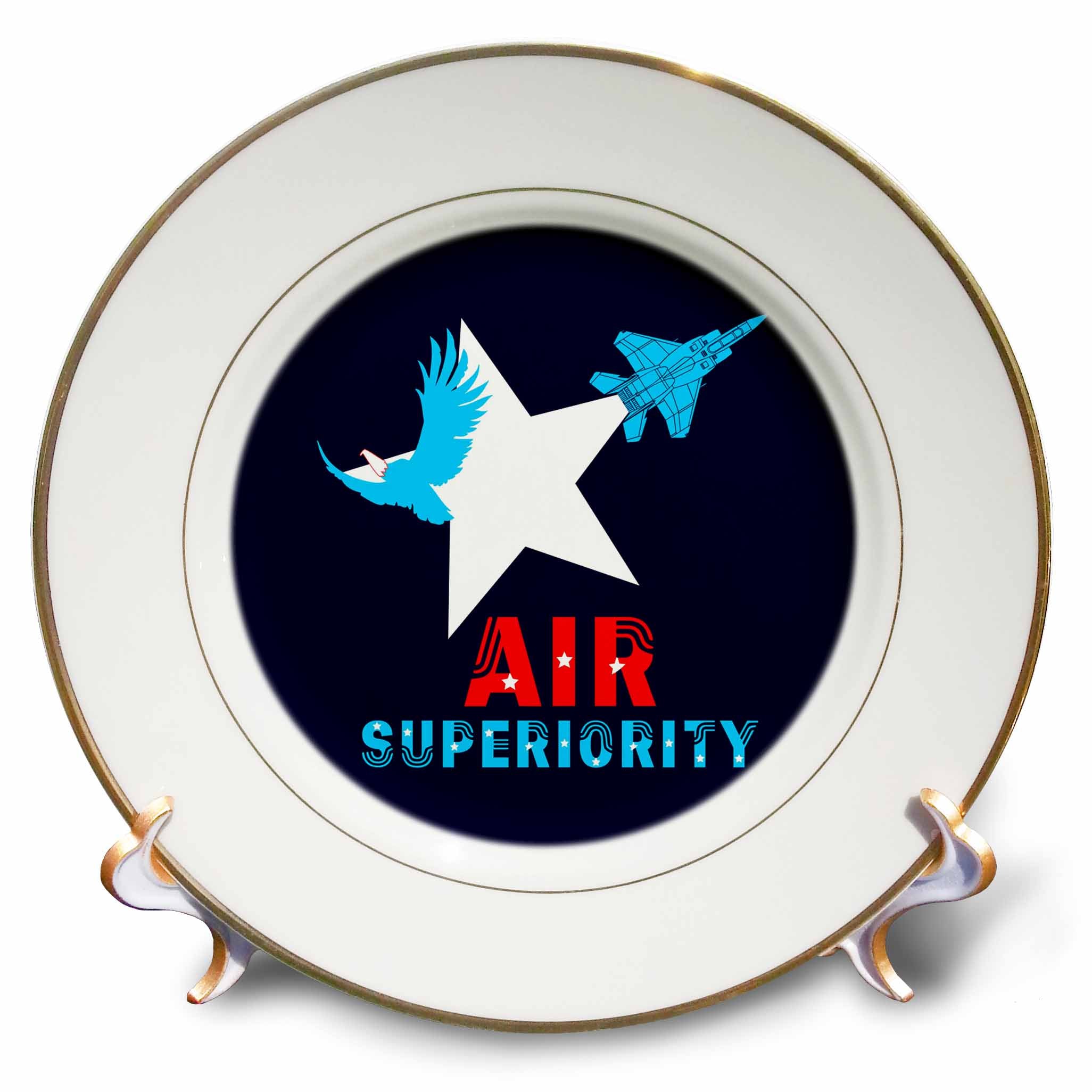 3dRose Alexis Design - Aviation - White star, bold eagle, military aircraft, Air Superiority on blue - Plates