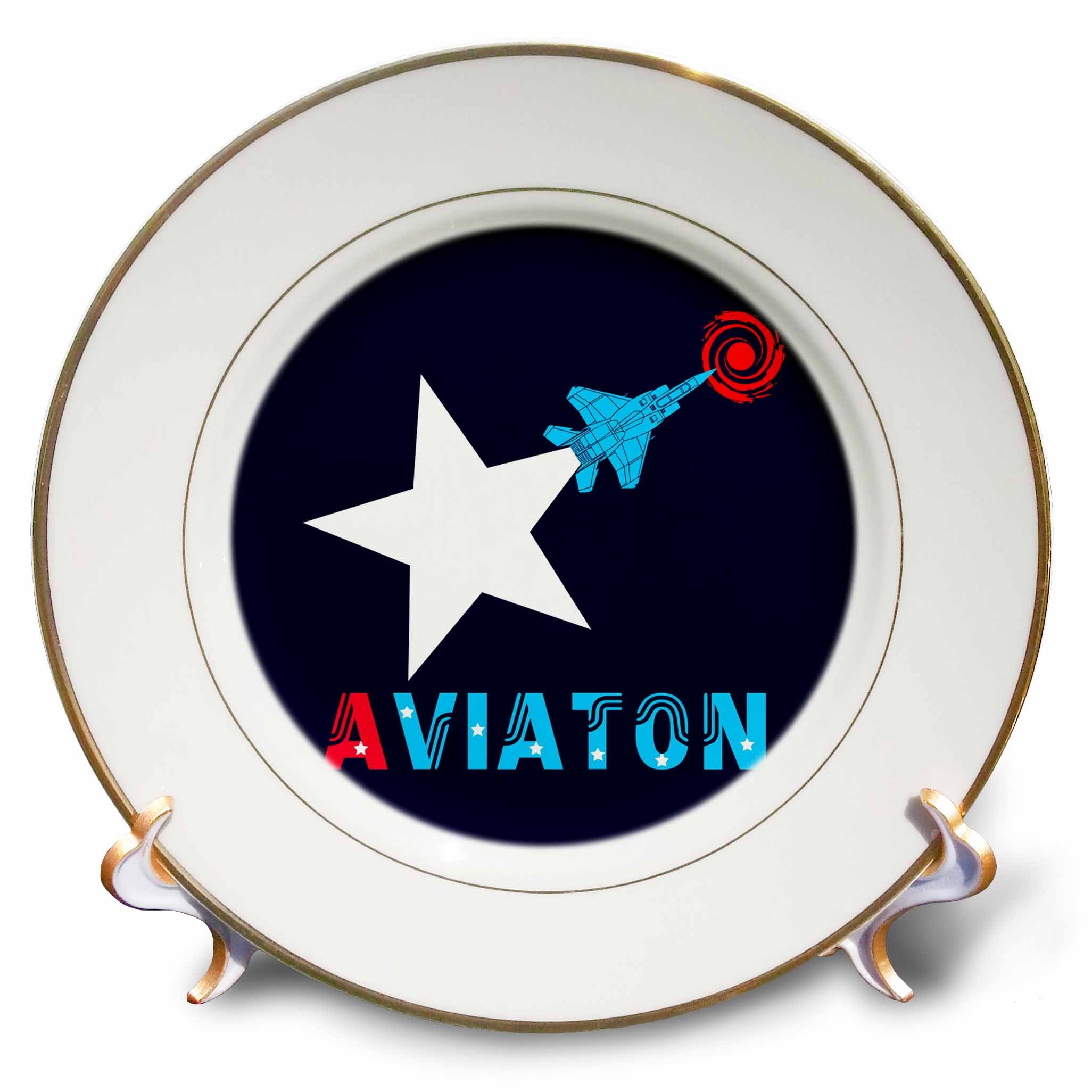 3dRose Alexis Design - Aviation - White star, military aircraft, red sun, text Aviation on blue - Plates
