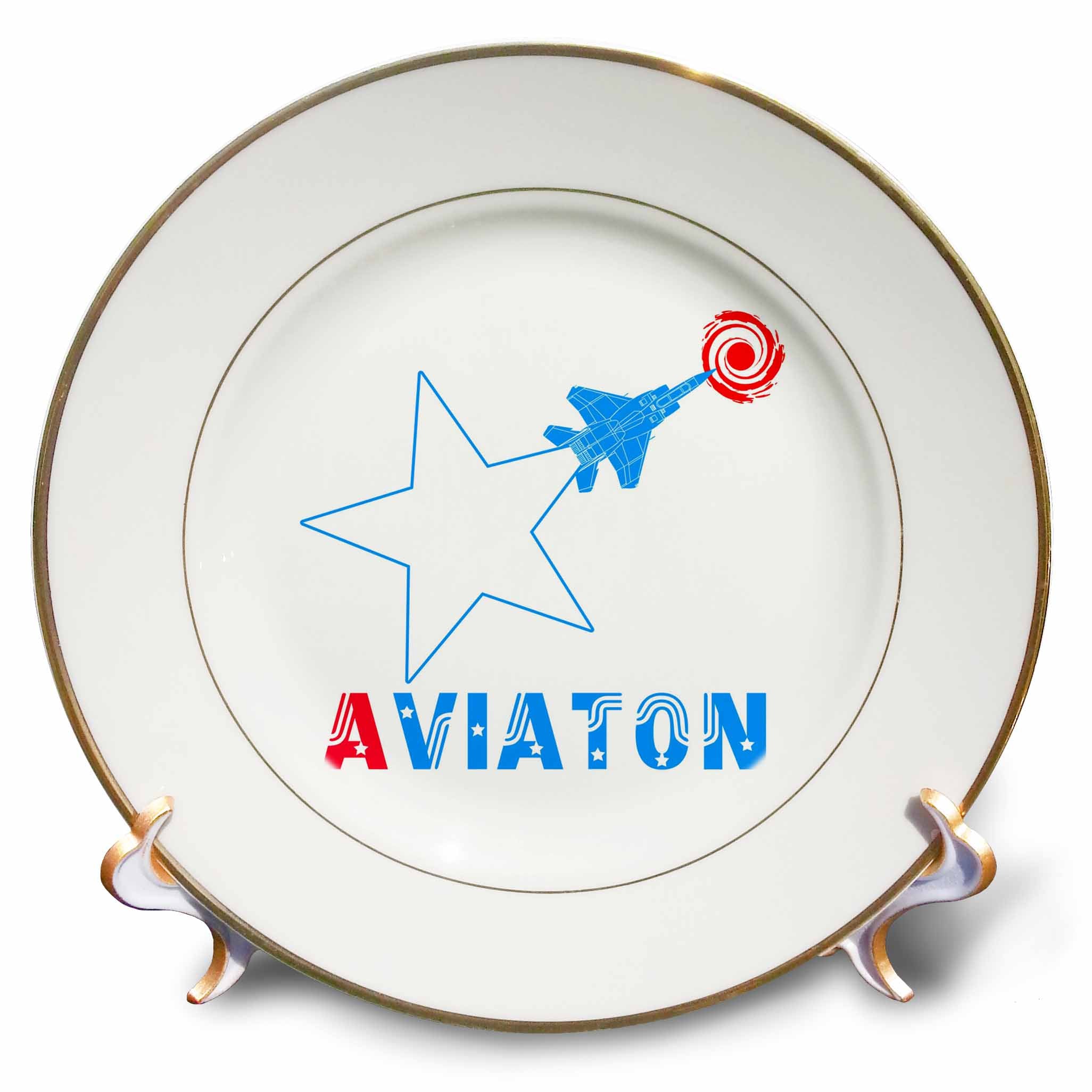 3dRose Alexis Design - Aviation - White star, military aircraft, red sun, text Aviation on white - Plates
