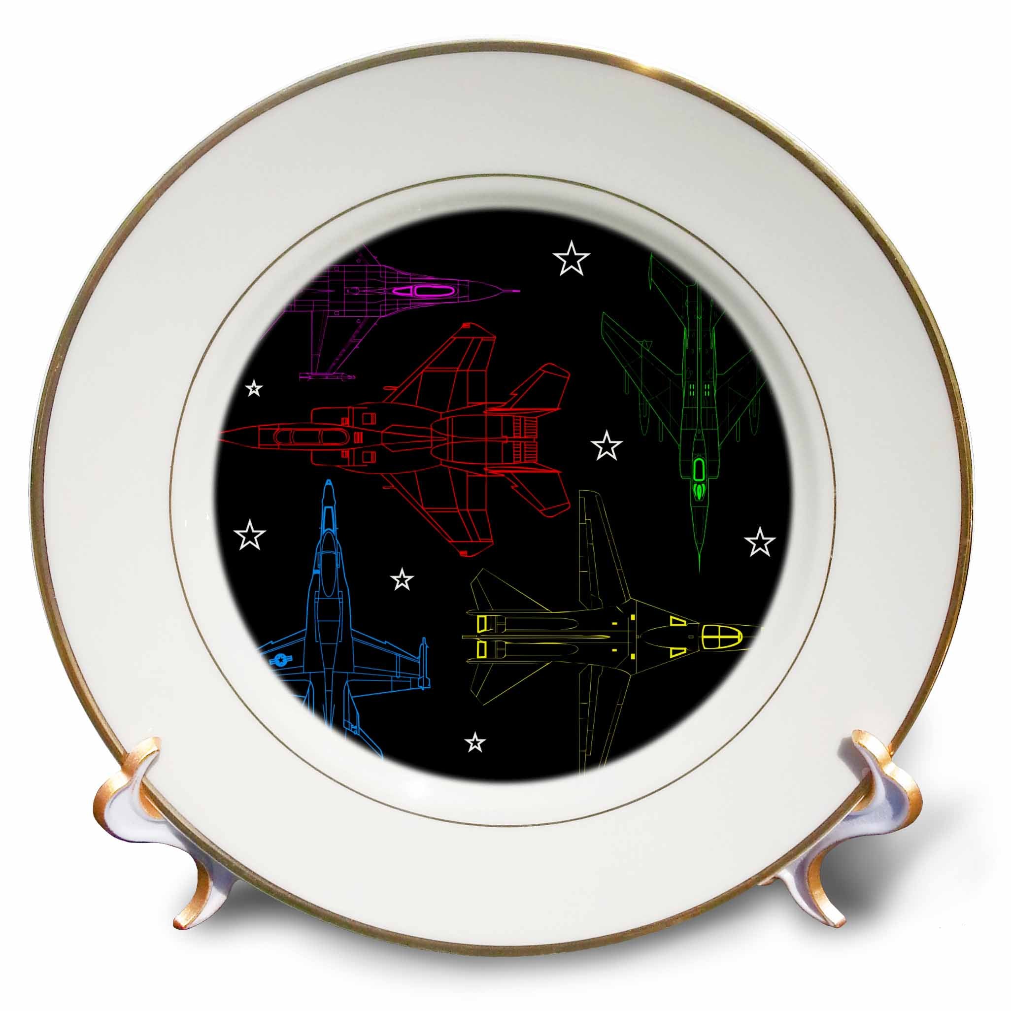 3dRose Alexis Design - Aviation - Colorful Silhouettes of Fighter Planes on Black. White Stars - Plates