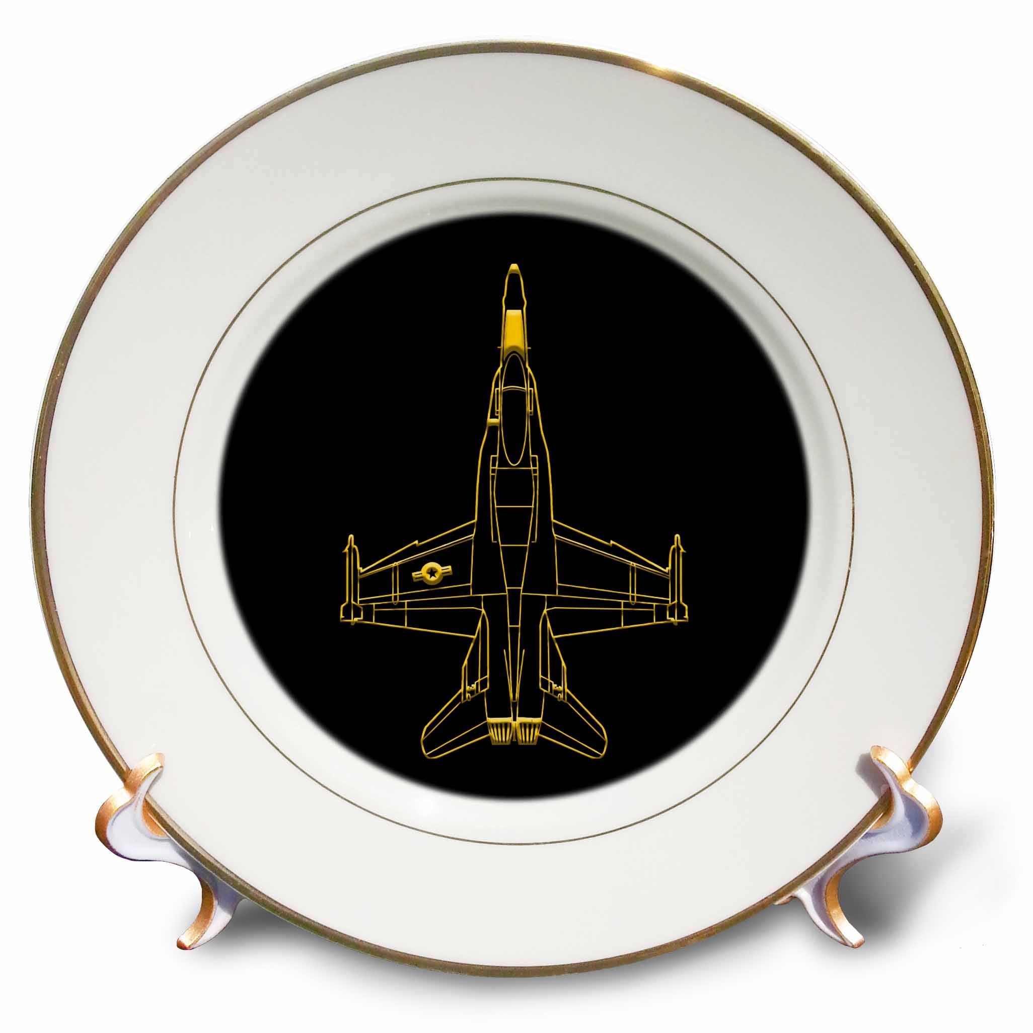 3dRose Alexis Design - Aviation - Line Image of F-18 Fighter Plane. Air Force Might. Yellow on Black - Plates (cp_323642)