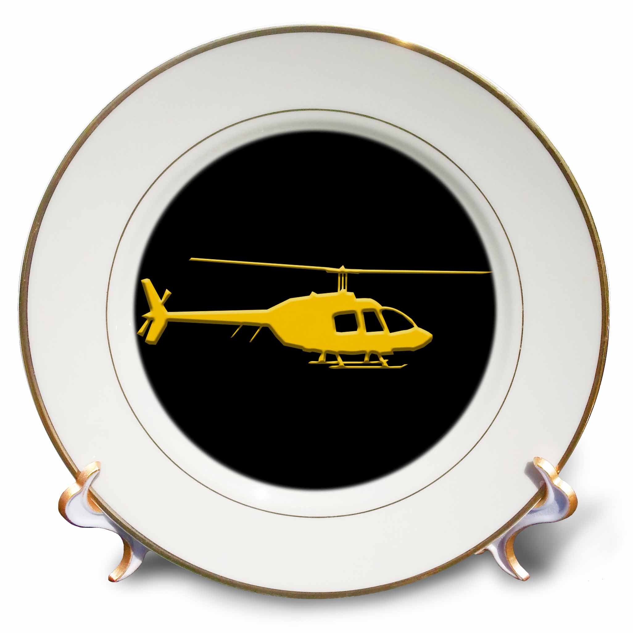 3dRose Alexis Design - Aviation - Silhouette Image of a Helicopter. Business Flight. Yellow on Black - Plates (cp_323644)