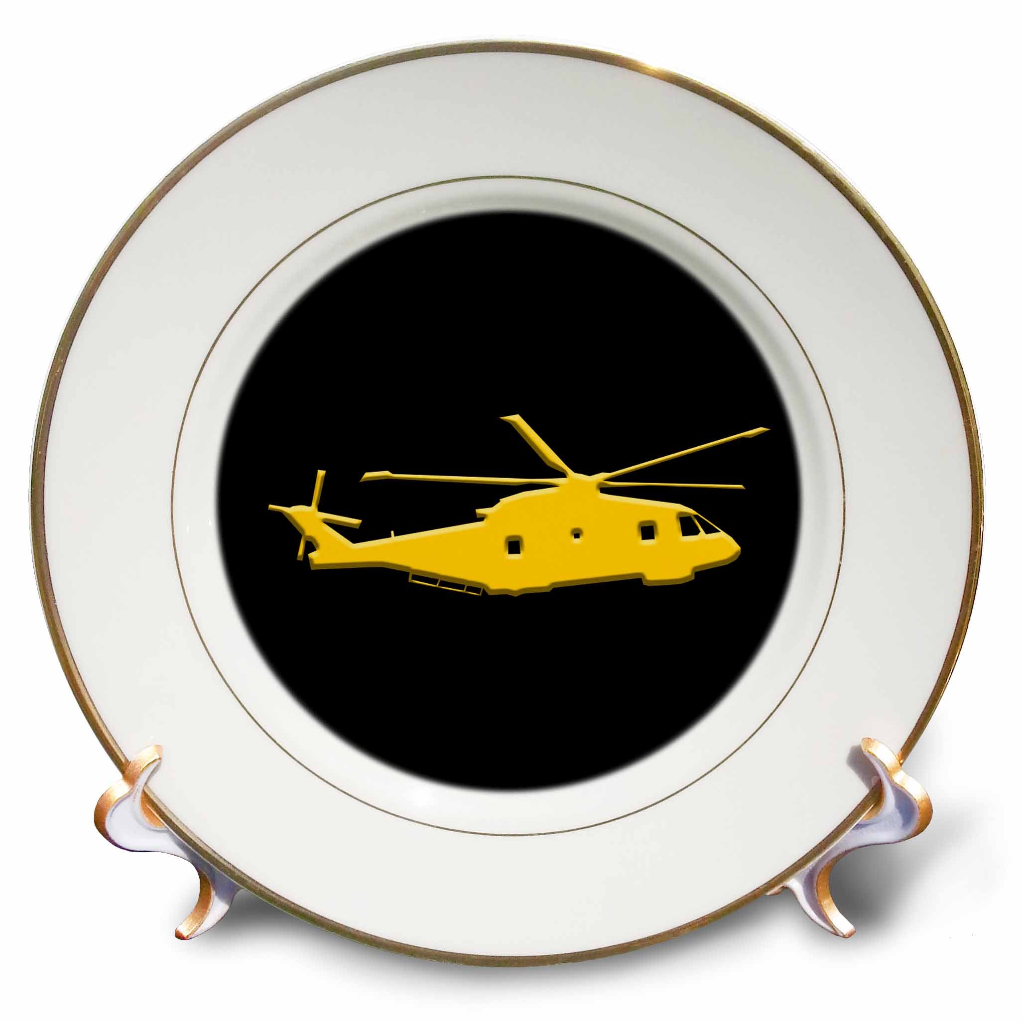 3dRose Alexis Design - Aviation - Silhouette Image of a Transport, Cargo Helicopter. Yellow on Black - Plates (cp_323645)